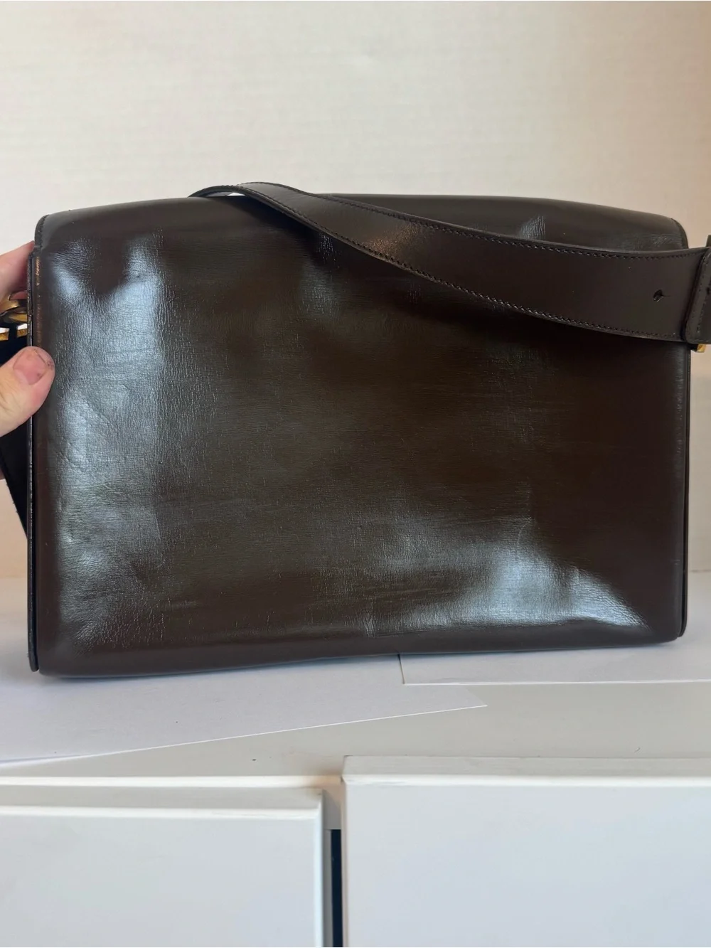 Authentic Christian Dior Large Shoulder Purse Bag Dark Brown Leather Structured
